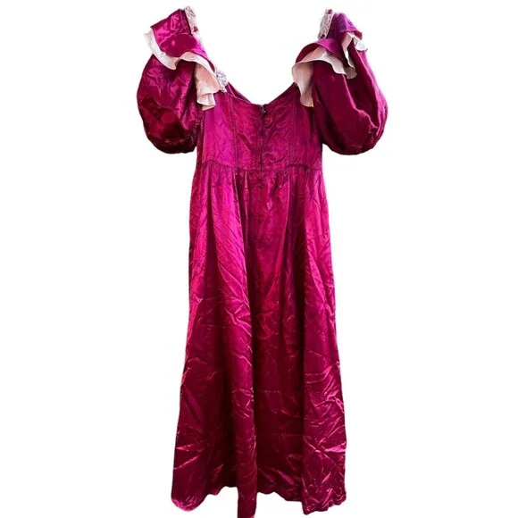 Vintage Gunne‎ Sax Burgundy Satin Pink Lace Short Puff Sleeve Maxi Dress No Size - Picture 10 of 16